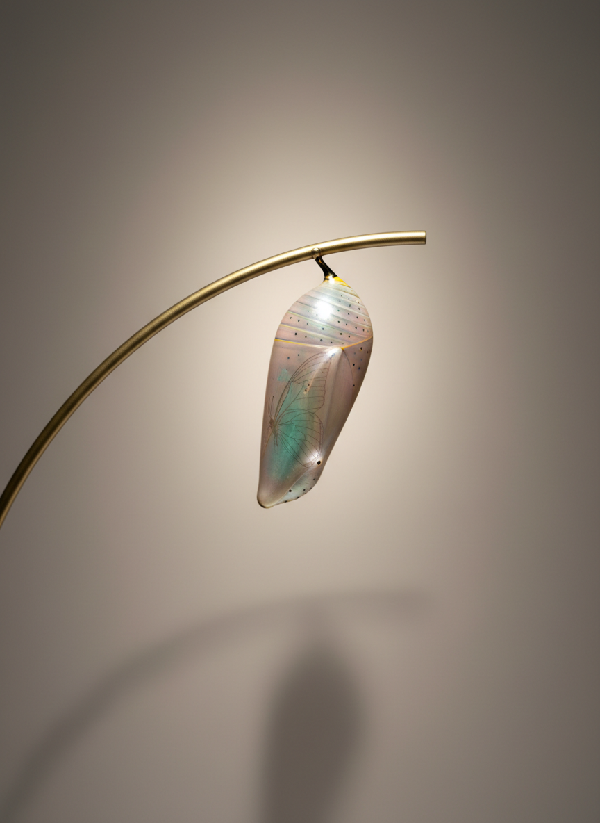 A symbolic composition featuring a single, elegant chrysalis suspended from a slender, matte-gold metal branch that arcs gracefully across the frame. The chrysalis has a subtle pearlescent sheen with hints of teal and soft rose, set against a smooth, warm-gray backdrop. A faint outline of a butterfly’s wings is visible within, suggesting imminent transformation. Diffused studio lighting from above and slightly behind creates a halo-like glow and soft shadow beneath the hanging form. Shot with a centered, vertical composition and shallow depth of field, the image feels poised and contemplative. The atmosphere is hopeful, sophisticated, and quiet, expressing potential and change through clean, photographic realism and minimalist design.