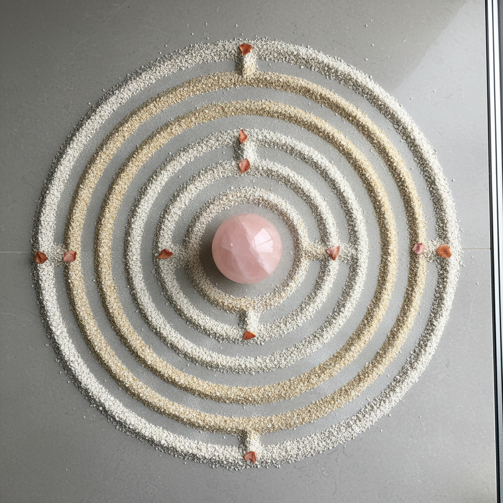 An abstract, elevated view of a circular labyrinth carefully formed from pale sand and fine white gravel on a dove-gray surface. At the labyrinth’s center rests a polished, rose-quartz sphere, subtly translucent with soft internal reflections. Tiny dried petals in muted terracotta and blush tones mark gentle turning points along the path. Overcast window light from the right bathes the scene in diffused brightness, minimizing harsh shadows and emphasizing delicate textures. Captured from directly above with sharp focus throughout, the composition feels balanced and meditative. The photographic realism and restrained color palette create a sophisticated, contemplative mood, symbolizing the inward journey of building identity and finding a self-aligned path.